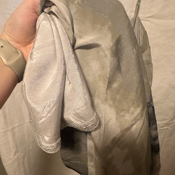 Fei Spaghetti Strap Olive Green Watercolor 100% Silk Mini Dress Size 8 - Picture 10 of 11